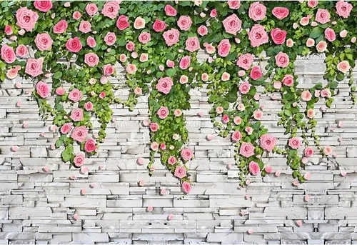 Pared de ladrillo de 5 x 3 pies con telón de fondo floral rosa para fiesta, plantas verdes, fondo de fotos de pared, boda, dulce niña, fiesta de
