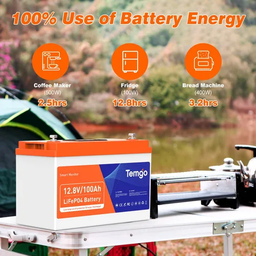 Miniatura 4 de TEMGO Batería de litio LiFePO4 de 12 V/100 Ah con corte de baja temperatura, pantalla inteligente táctil y monitoreo por APP, BMS de 100 A