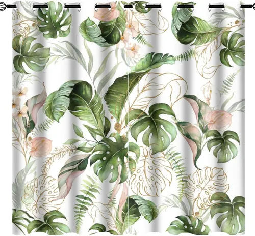 Miniatura 13 de Cortinas abstractas de hojas tropicales, acuarela tropical, hojas de palma, verano hawaiano, plátano, aislamiento térmico, cortinas completas