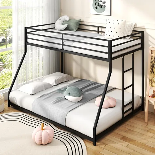 Zevemomo - Litera de cama individual sobre cama matrimonial, literas de metal de bajo perfil con barandilla de seguridad de longitud completa y