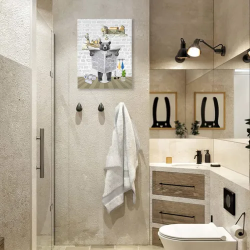 Miniatura 3 de Fuzawet Arte de pared de oso para decoración de baño, lienzo de lectura de periódico, negro en el inodoro, imágenes divertidas de animales