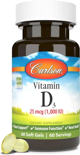 Carlson - Vitamina D3, 1000 UI (25 mcg), salud ósea, salud muscular, colecalciferol, suplementos de vitamina D, geles blandos de vitamina D3, 60