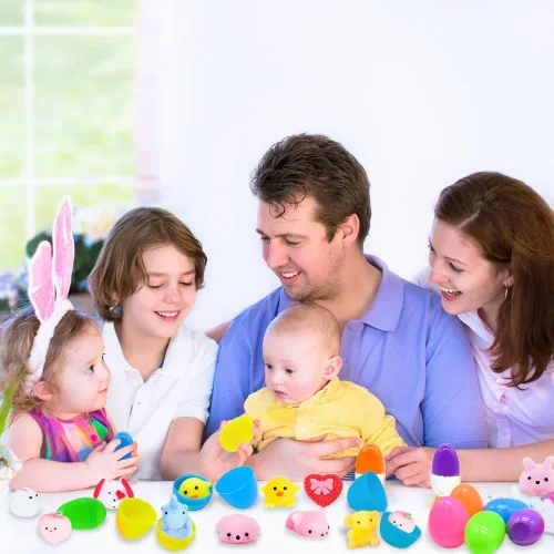 Miniatura 7 de 28 huevos de Pascua + 28 juguetes esponjosos Mochi, huevos sorpresa rellenos de mini animales esponjosos, juguetes para aliviar el estrés