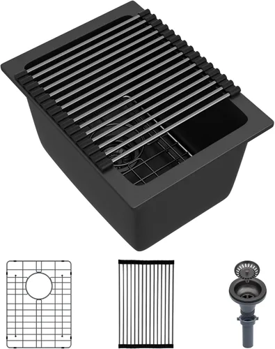 12"x16" Undermount Granite Composite Bar Prep Sink | Matte Black Granite Quartz Composite Single Bowl basin, Under Counter Sink for Wet Bar, RV &