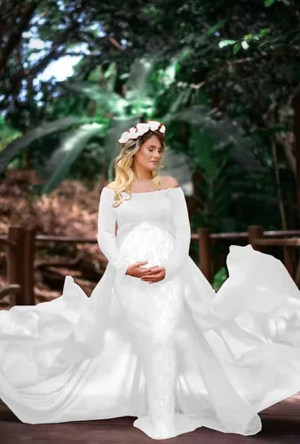 Miniatura 6 de ZIUMUDY Vestido de maternidad para sesión de fotos de manga larga con hombros descubiertos vestido de encaje ajustado con capa larga de gasa trian