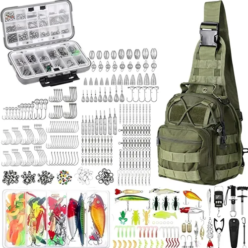 Sosation Kit de equipo de pesca de 482 piezas, caja de aparejos de pesca con aparejos incluidos, mochila, señuelos, ganchos, plomos, herramientas de