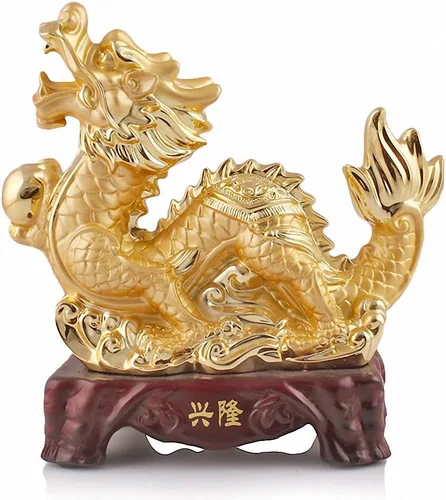 Estatua coleccionable de resina dorada del dragón del zodiaco chino de gran tamaño