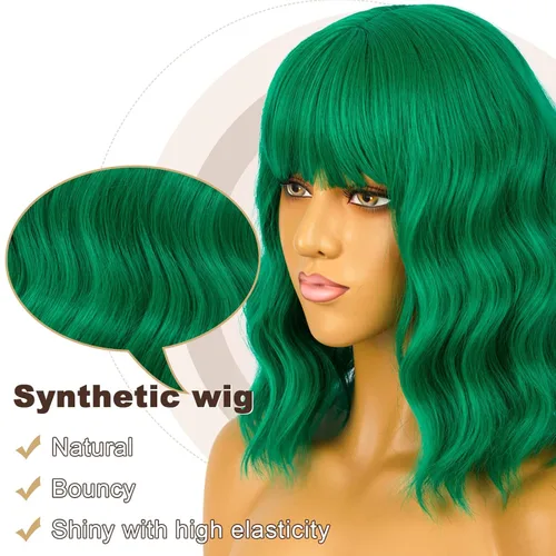 Miniatura 6 de LANICE Peluca verde para mujer, pelucas cortas estilo Bob con flequillo, peluca sintética natural, longitud al hombro, pelucas coloridas para uso