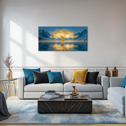 Miniatura 3 de SLYCAY Lienzo grande con árbol de la vida dorado para pared, pintura de paisaje, naturaleza, nieve, montaña, lago, paisaje, decoración de pared