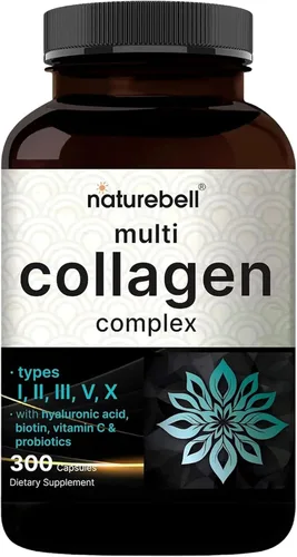 NatureBell Complejo de colágeno múltiple - 300 cápsulas - 5 péptidos de colágeno (tipo I, II, III, V, X), ácido hialurónico, biotina y probióticos -