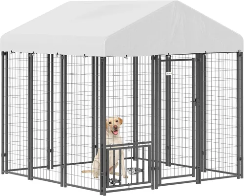Miniatura 18 de PawHut Jaula de 4' x 4' x 6' para perros al aire libre, Jaula de alambre soldado para perros con rotación de 360° y cuencos ajustables de 4 niveles