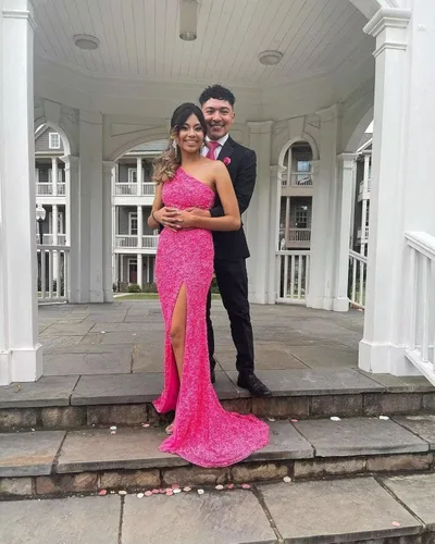 Miniatura 3 de Rjer One Shoulder Prom Dresses 2023 Sequin Formal Dresses Long Evening Gowns Slit Wedding Party Dresses