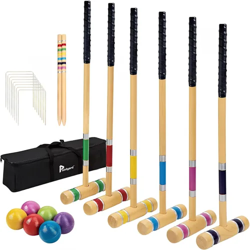 Miniatura 9 de Juego de croquet para seis jugadores, juego de croquet de 71 cm con mazos de madera, bolas de colores, mechas, estacas