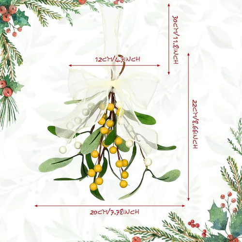 Miniatura 4 de Chunyin 2 piezas de muérdago de decoración navideña artificial de muérdago, decoración navideña con bayas y lazo de cinta blanca, bola de beso