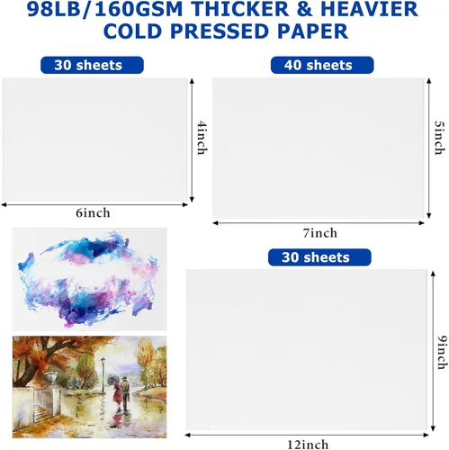 Miniatura 2 de 100 hojas de papel de acuarela de 3 tamaños, pintura a granel, papel blanco de prensa en frío, papel de color de agua para artistas, niños