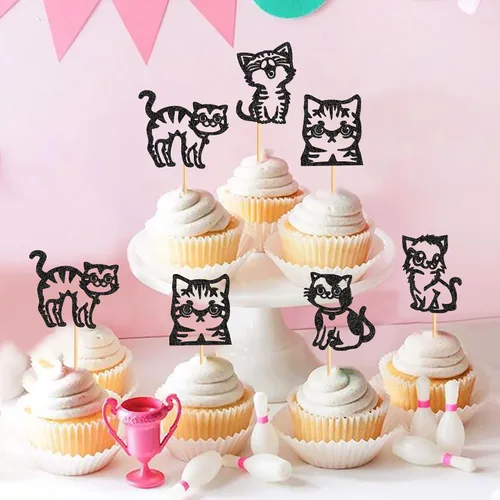 Miniatura 4 de Ercadio Paquete de 25 adornos para magdalenas de gatos, palillos para tartas de gatos negros, selecciones de cupcakes de animales, decoraciones