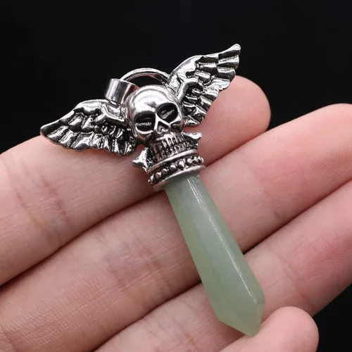Miniatura 9 de LHJ 7 colgantes de piedra natural hexagonales puntiagudos chakras cristal ágata piedra cráneo ala diablo aleación diseño para hacer joyas collar