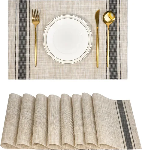Miniatura 23 de Juego de 6 manteles individuales, antideslizantes, tejido de PVC, fáciles de limpiar, resistentes al calor, para cocina, comedor, decoración Beige