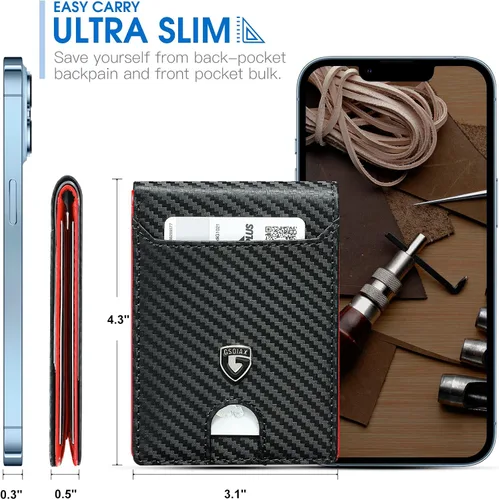 Miniatura 3 de GSOIAX Billetera delgada para hombre con bloqueo RFID, carteras plegables para hombre, minimalista, cuero auténtico, fibra de carbono, clip