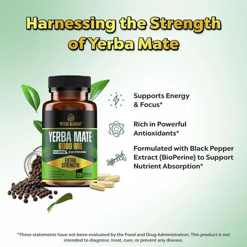 Miniatura 3 de Yerba Mate extra fuerte de alta potencia, 60 mg de cafeína por cápsula, suplementos de extracto de píldoras para energía natural limpia, fabricado