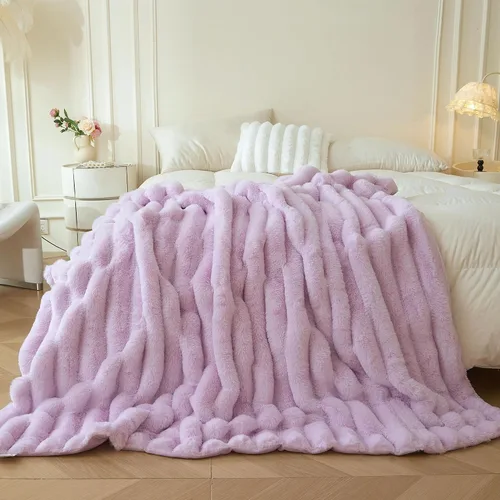 Miniatura 15 de MEGO Manta mullida de piel sintética de conejo, manta mullida de lujo con rayas acanaladas para cama, sofá, silla, manta peluda color marfil