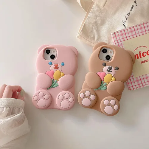 Miniatura 7 de Fundas para teléfono Kawaii compatibles con iPhone 13 Pro Max, linda funda de silicona suave 3D con diseño de oso de flores de dibujos animados