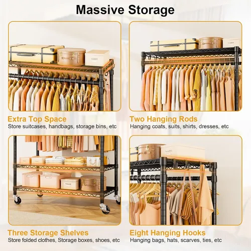 Miniatura 8 de ULIFHOME P7 - Perchero enrollable para ropa, estantes para colgar ropa, estante resistente para prendas con ruedas, estante de clóset portátil de 3