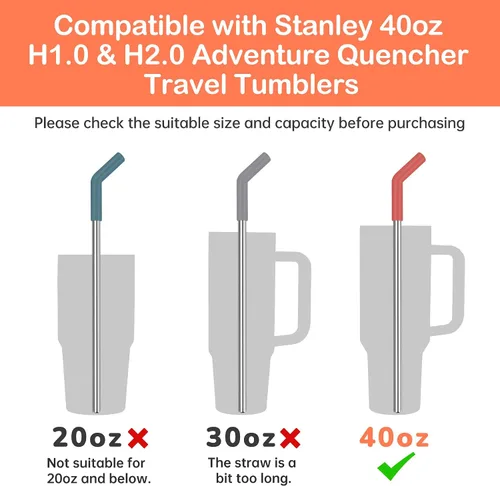 Miniatura 2 de Tomorotec 6 popotes de acero inoxidable con puntas de silicona para vaso Stanley de 40 onzas, juego de popotes reutilizables de 13 pulgadas