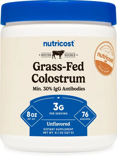 Nutricost Polvo de calostro de 8 onzas, lactoferrina y mínimo 30% de inmunoglobulinas (IgG), de calostro bovino, 0.11 onzas por porción, 76 porciones