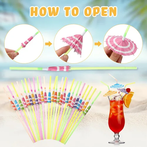 Miniatura 4 de Sieral 300 popotes para sombrillas, para decoración de fiesta Luau, pajitas de cóctel hawaianas flexibles con paraguas, popotes desechables