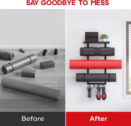 Miniatura 4 de Soporte de pared para esterilla de yoga, estante de almacenamiento de accesorios de yoga, organizador de accesorios de gimnasio en casa, estante