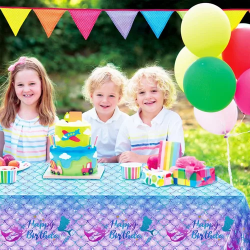 Miniatura 5 de DaiUni 1 mantel de cumpleaños de sirena para decoración de fiesta de cumpleaños, funda rectangular desechable de plástico para suministros de fiesta