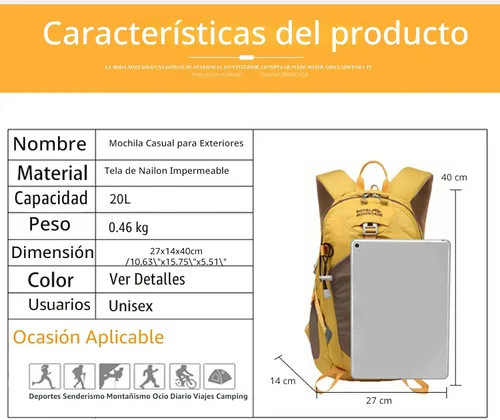 Miniatura 2 de Mochila de Senderismo Plegable Mochila de Viaje, Amarillo, 20 l, Exteriores