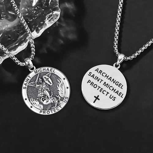 Miniatura 212 de Odinstone Collar de plata de ley 925 con medalla de San Miguel/San Cristóbal/San Benito/Crucifijo de Jesús/San Uriel/Arcángel Rafael para hombres