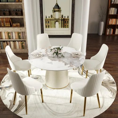 Miniatura 12 de Montary Juego de 2 sillas de comedor, modernas sillas de piel sintética color blanco crema con patas de metal dorado y respaldo ergonómico para sala