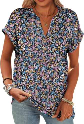 Miniatura 36 de ANRABESS - Camisetas Henley de manga corta para mujer, cuello en V, elegantes, estilo informal, de corte suelto; blusas fluidas de verano, ropa