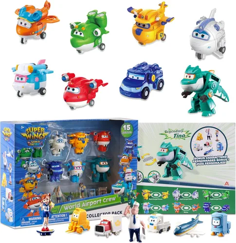 Super Wings Paquete de 15 juguetes transformables de 2 pulgadas, robot de avión, mini figuras de acción con ruedas móviles reales para niños de 3,