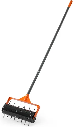 VEVOR Aireador de césped rodante, rodillo aireador manual de 15 pulgadas con 42 picos y mango largo de 60 pulgadas, tambor rellenable para mayor