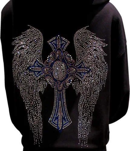 Miniatura 2 de Sudadera con capucha con cremallera negra con diamantes de imitación multicolor y alas de ángel, Negro