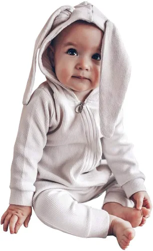 Simplee Kids Enterizo con diseño de conejo de Pascua con capucha, para bebé, overol con cremallera y orejas largas