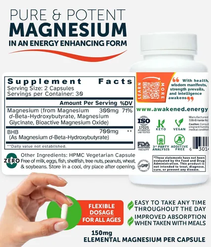 Miniatura 6 de Blissful MitoMag - Complejo de magnesio elemental de 300 mg: Mg glicinato, Mg BHB - Músculos del sueño Energía del estado de ánimo Enfoque cognitivo