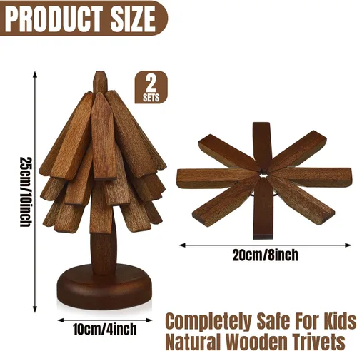 Miniatura 4 de Suzile Juego de 2 salvamanteles de madera para platos calientes, juego de salvamanteles con forma de árbol, 6 salvamanteles de madera + 2 soportes
