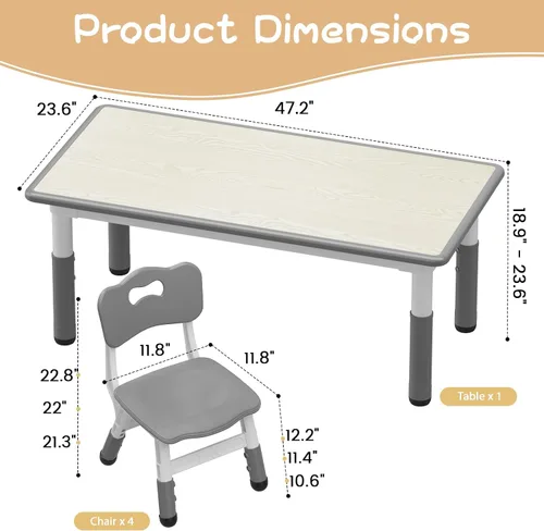 Miniatura 5 de Juego de mesa y 4 sillas para niños, mesa y sillas ajustables en altura para niños de 2 a 10 años, escritorio con graffiti, patas antideslizantes