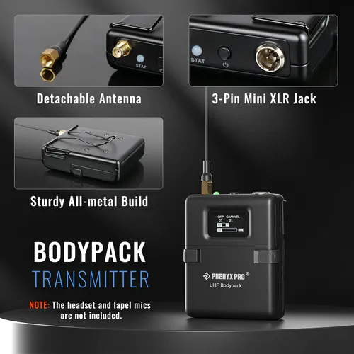 Miniatura 2 de Phenyx Pro Transmisor inalámbrico Bodypack, micrófono UHF Bodypack para PTU-1U/PTU-2U True Diversity Wireless Microphone Systems, con canales