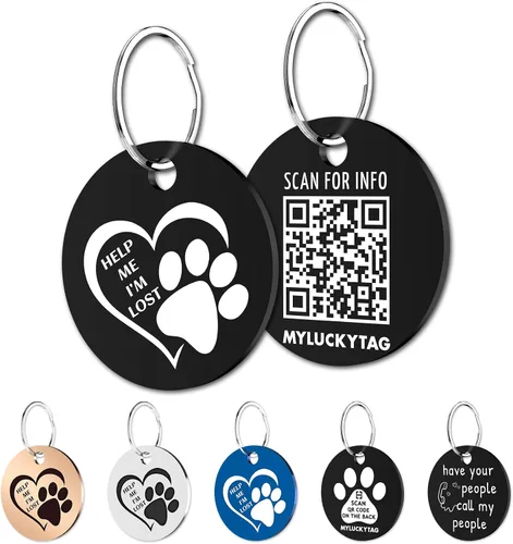 MYLUCKYTAG Identificación de mascota con código QR de acero inoxidable | Etiqueta personalizada para perros y gatos con perfil en línea y correo