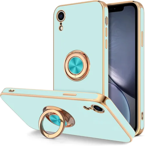 Miniatura 13 de Hython Funda para iPhone XR con soporte de anillo [soporte de anillo giratorio de 360° con soporte magnético] chapado en oro rosa brillante borde