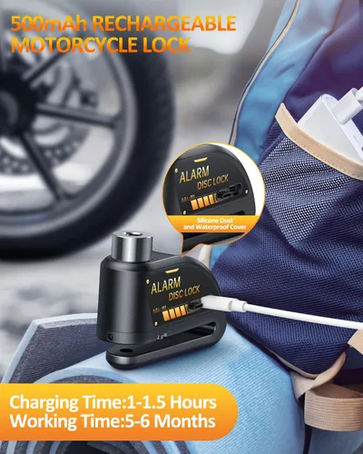 Miniatura 3 de Candado recargable Onvian para motocicleta con alarma de 120 dB y cable de recordatorio de acero de 1.8 m, para motocicletas, bicicletas, ebikes