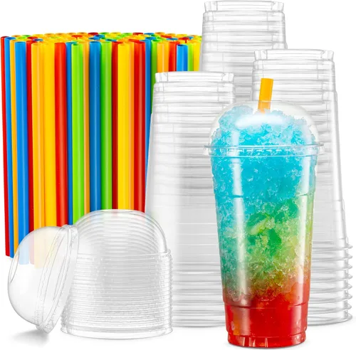 Vasos de PET transparentes con tapas de cúpula y pajitas para café helado, batido, bebidas frías, tazas de granizado, batidos, batidos, helado,