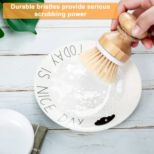 Miniatura 4 de Boao Cepillo de bambú para limpiar platos y 1 soporte de madera natural para limpiar la cocina, cepillo duradero de bambú para limpiar ollas