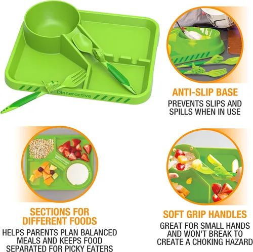 Miniatura 3 de Juego de vajilla Dinneractive para niños - 3 piezas de vajilla verde de dinosaurios - Utensilios de dinosaurios - Platos para niños pequeños